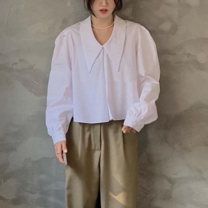 Nomikuma Causal Short Women Doll Shirt Puff Long Sleeve Peter Pan Collar Top Blouse Spring Ropa Para Mujeres De Moda 6E763 210427