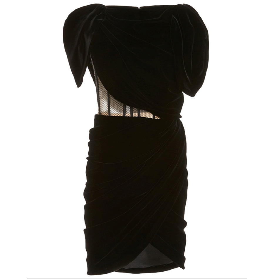 Free Runway Women's Velvet Dress Sexy O-neck Puff Sleeve Mesh Bodycon Hollow Draped Club Party Vestidos 210524