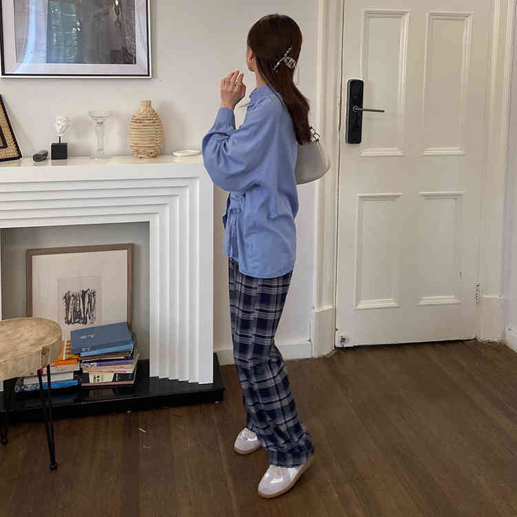 SML korean style plaid vintage straight trouser female spring autumn high waist long pants womens (F4207) 210423