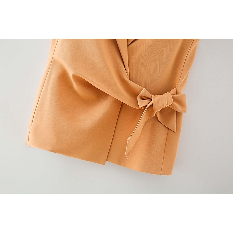 fashion women solid orange vest elegant lady v-neck bow outerwear causal female slim girls chic sets 210430