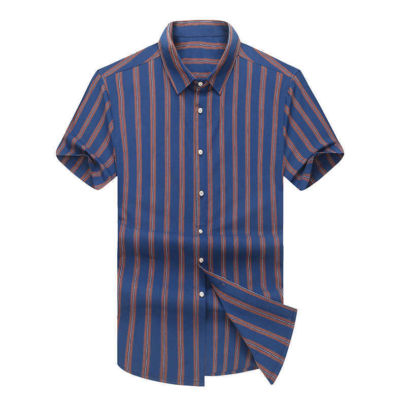 Plus Size 7XL 6XL 5XL Mens Business Casual Short Sleeve Striped Shirt Button UP Cotton Male Red Blue Social Dress Shirts 210528