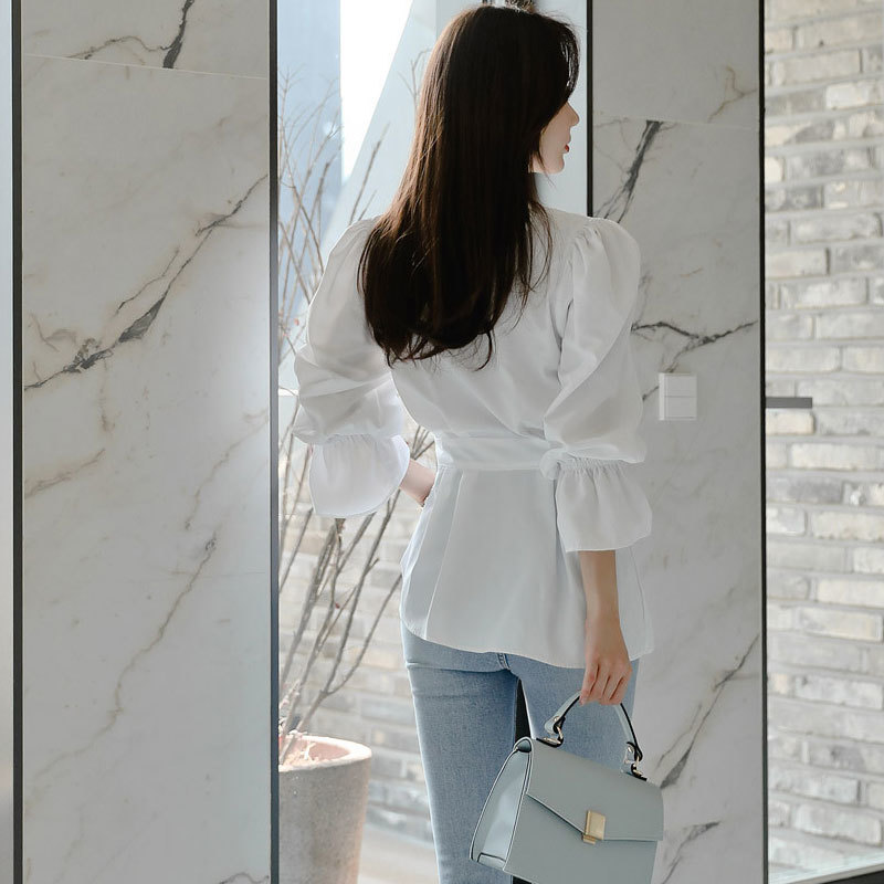 Long sleeve Autumn Clothes Women's shirt Sleeve irregular Blouse Shirts Cotton V Neck White Bow Women Tops 94H 210420