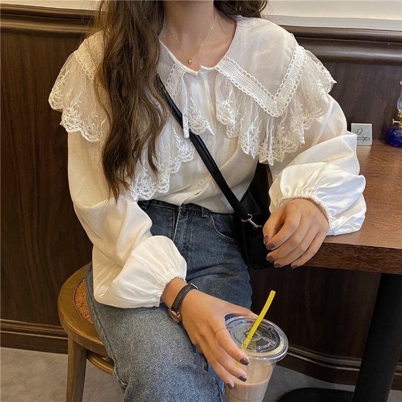 Casual Sweet Blouse Women Cute Lace Chiffon Shirt Peter Pan Collar Korean Chic Ladies Tops Puff Sleeve Vintage 11767 210506
