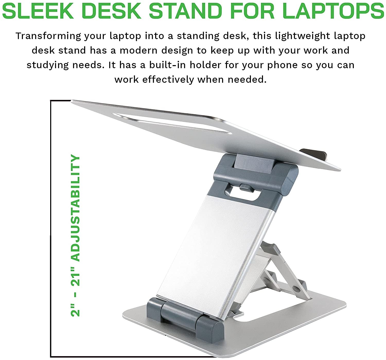 minder Laptop Tower II Stand with Integrated Smartphone Stand, Portable Laptop and Phone Stand, Foldable Laptop Stand, Ergonomic Stand