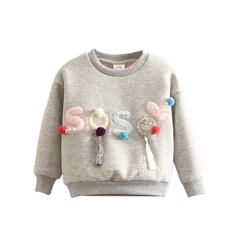 Autumn Warm Fashion 2 3 4-10 Years Long Sleeve Letter Ball Pearl Hoodies Kids Baby Girls Plus Velet Winter Sweatshirts 210529