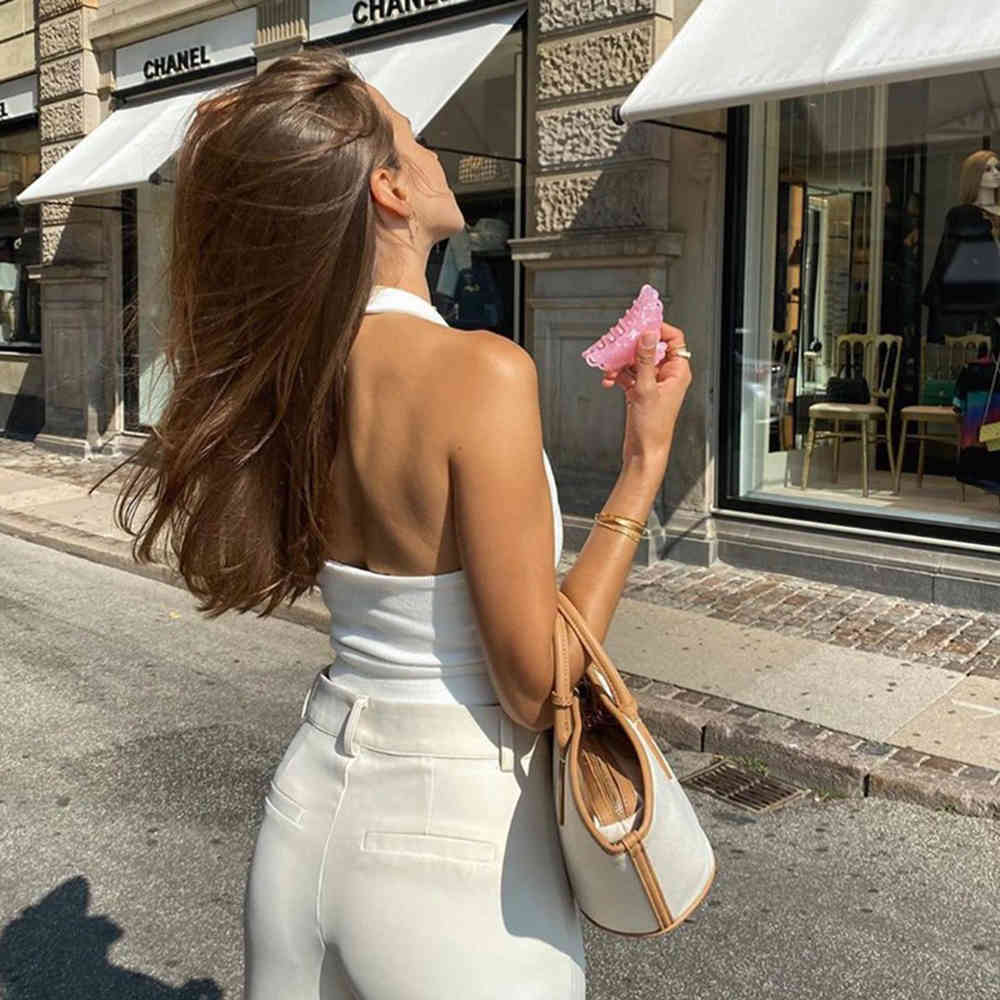 White Crop Tank Top T Shirt Women Sexy Backless Sleeveless Halter Neck Ladies Cropped Camisole Short Tops Basic Fashion Summer 210415
