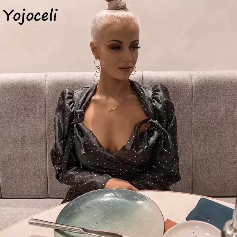 Yojoceli dot print bow dres long sleeve wrap style French lady streetwear mini 210609