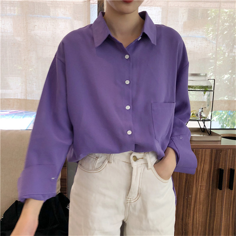 Stylish Purple Clean Women Fashion Loose Brief Solid Office Ladies Simple Pockets Fresh Chic All Match Shirts 210421