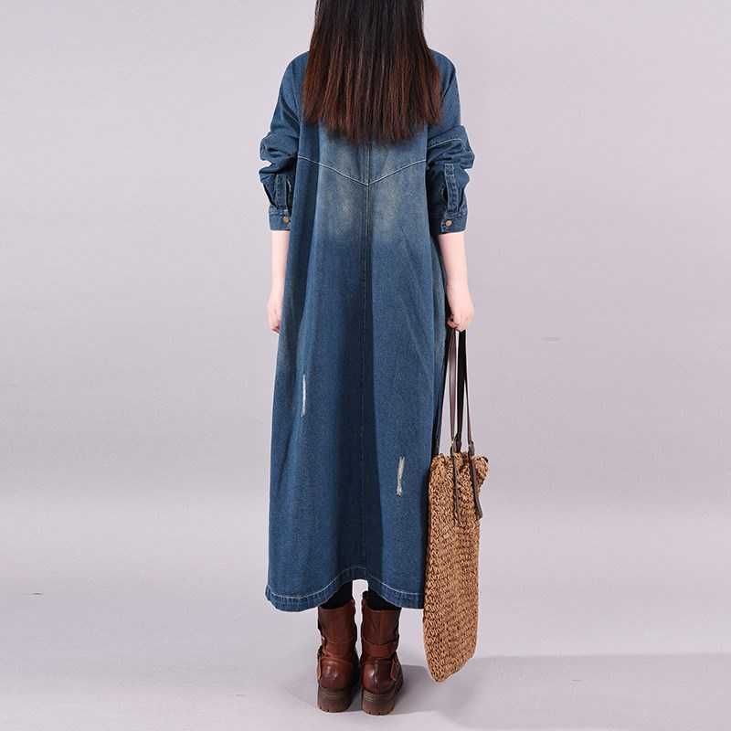 NYFS Big size Loose Single Breasted Denim Trench Coat Women Vintage Solid color Long Windbreaker 210914
