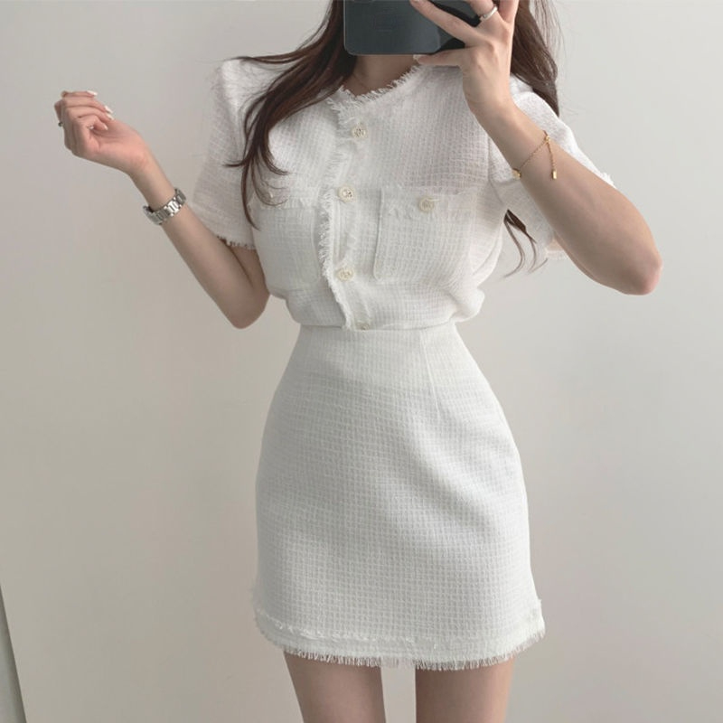 Nomikuma Korean Elegant Two Pieces Outfits Short Sleeve Pockets Cardigan Tops + High Waist Mini Skirt Women Fashion Sets 6H127 210427
