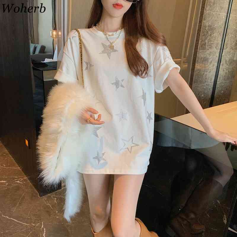Woheb Casual Loose Long T-shirt Women Star Sequined Patch Summer Black White Short Sleeve T Shirts Harajuku Korean Tops 210519