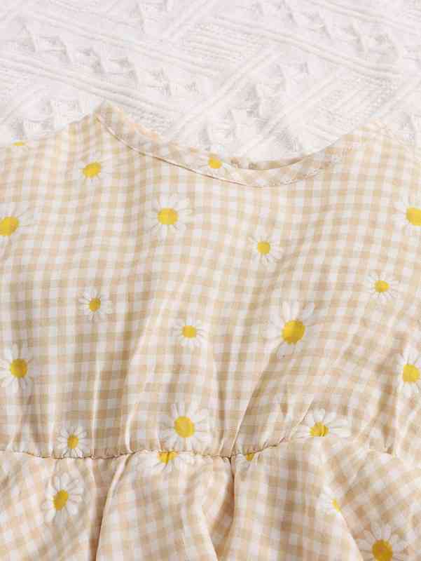 Baby Daisy Floral And Gingham Ruffle Trim Combo Bodysuit Dress SHE