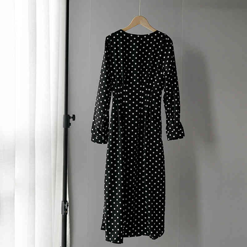 Lizkova White Dot Print Chiffon Dress Women Long Sleeve Elastic Waist Robe Spring Female O-neck Lantern Sleeve Vestio NI001 210409
