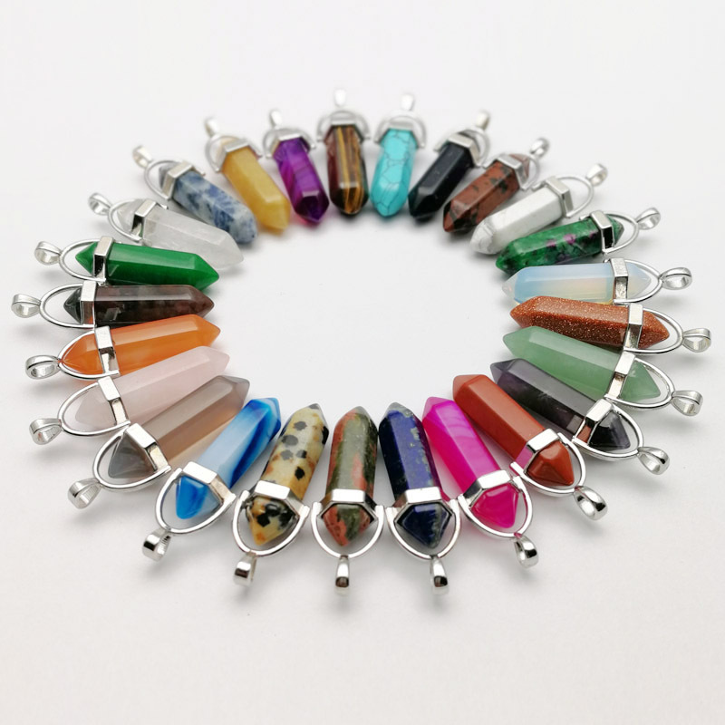 Natural Stone Hexagon Prism Charms Rose Quartz Tiger's Eye Opal Pendants Crystal Pendants Clear Chakras Gem Stone fit earrings necklace making as