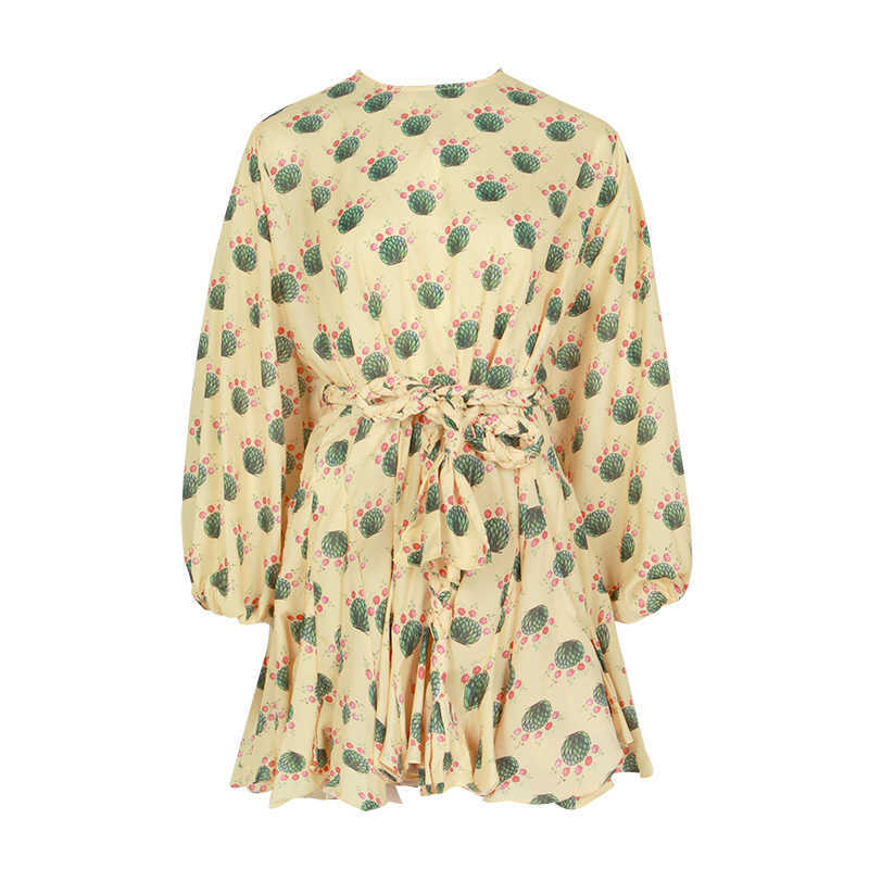 TWOTWINSTYLE Hit Color Print Dresses Women Long Sleeve O Neck High Waist Lace Up Female Dress Spring Casual Fashion 210630