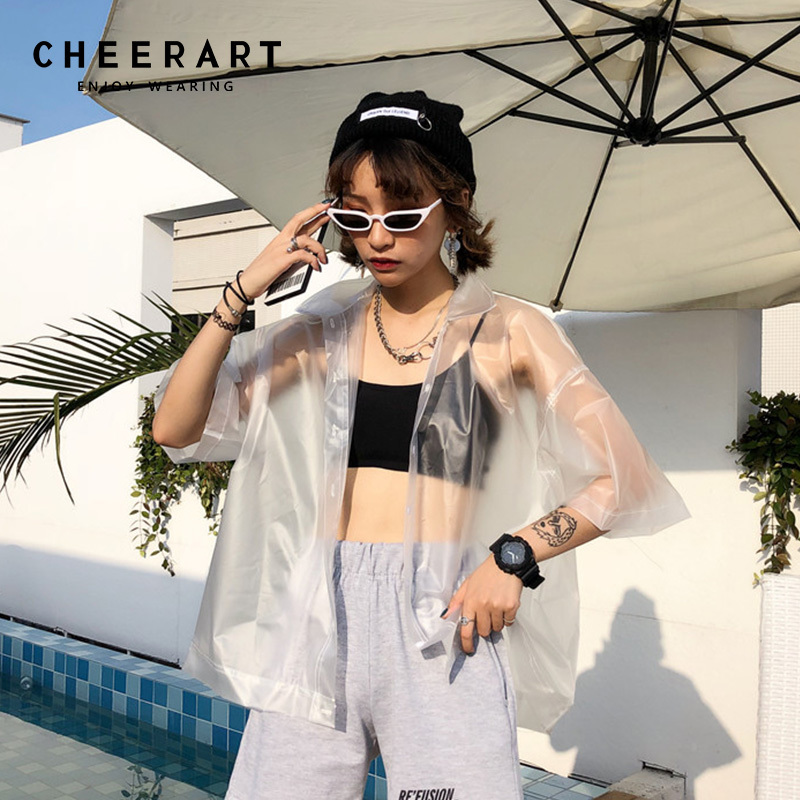 Rain-Proof Streetwear Transparent Shirt Women Summer Cardigan See Through Tops And Blouses PVC Loose Top Femme 210427