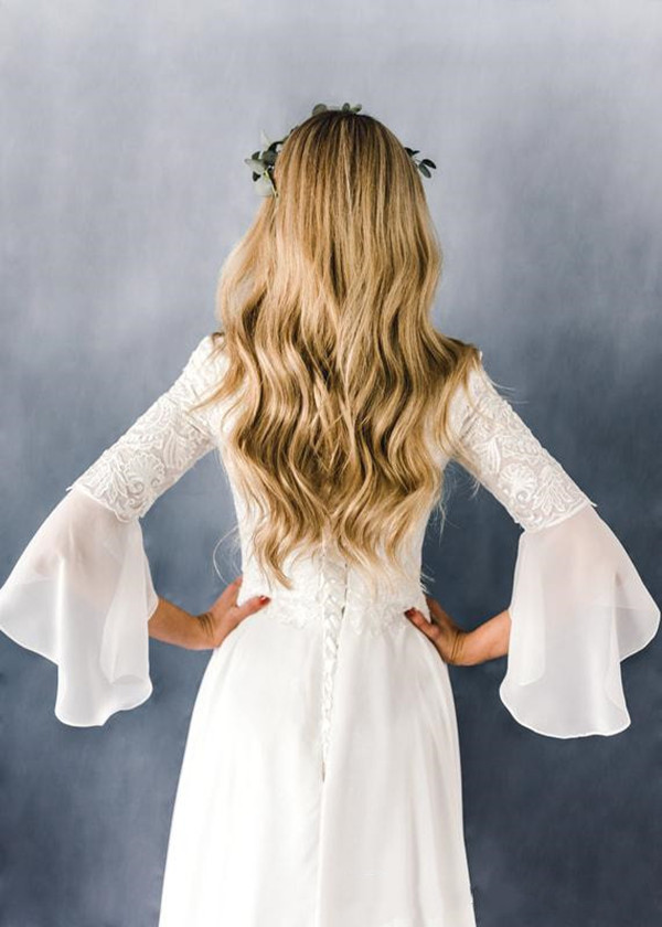 Chiffon Lace Boho Modest Wedding Dresses With Sleeves Lace-Up Back Country Western Informal Bridal Gowns robe de mariée bohème