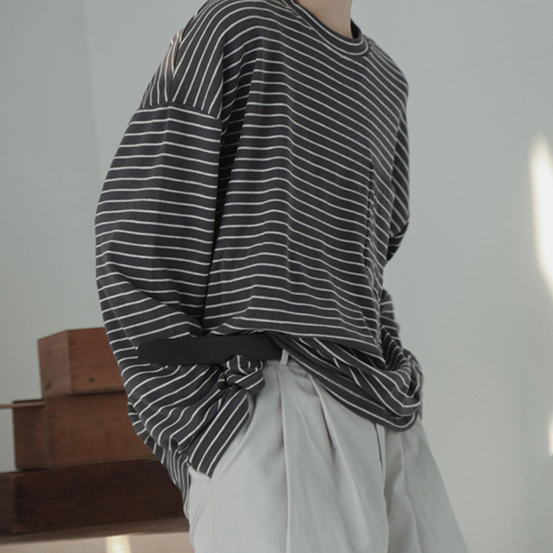 IEFB Men's Black White Stripe Cassic Comfortable T-shirt Customized Woven O-neck Long Sleeve Causal Loose Basic Tops 9Y4928 210524