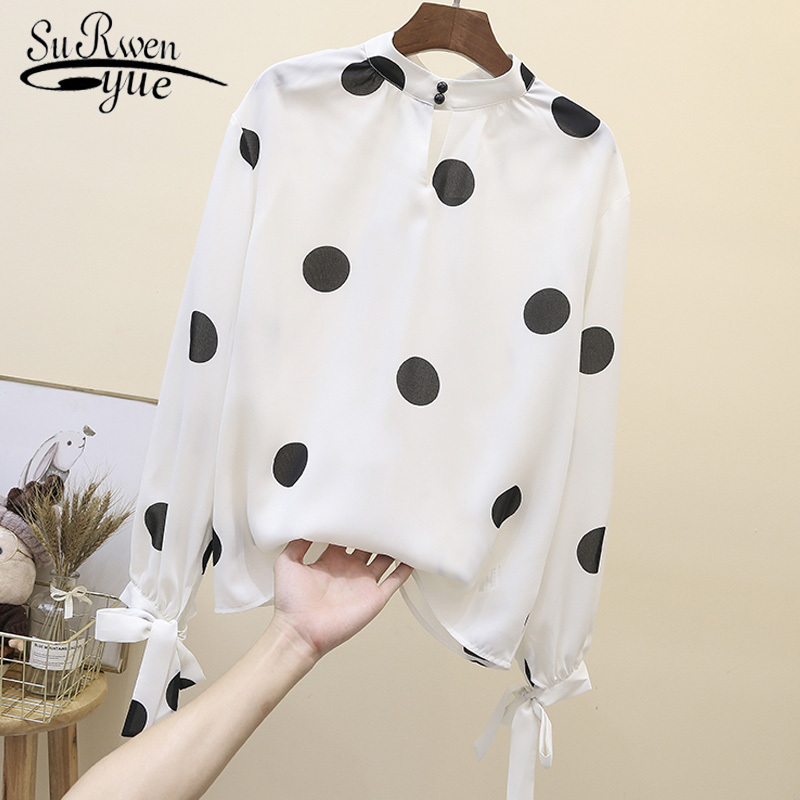 Woman Autumn Belt Stand Collar Elegant Women Blouses Wave Point Chiffon Shirt Loose Korean Long Sleeve 6685 50 210508