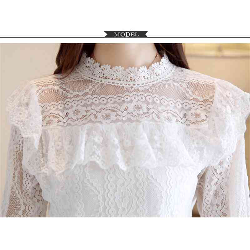 Lace top Spring Korean Fashion Hollow Long Sleeve White shirt Female Ruffled Plus Velvet blouse Shirts 809E 210420