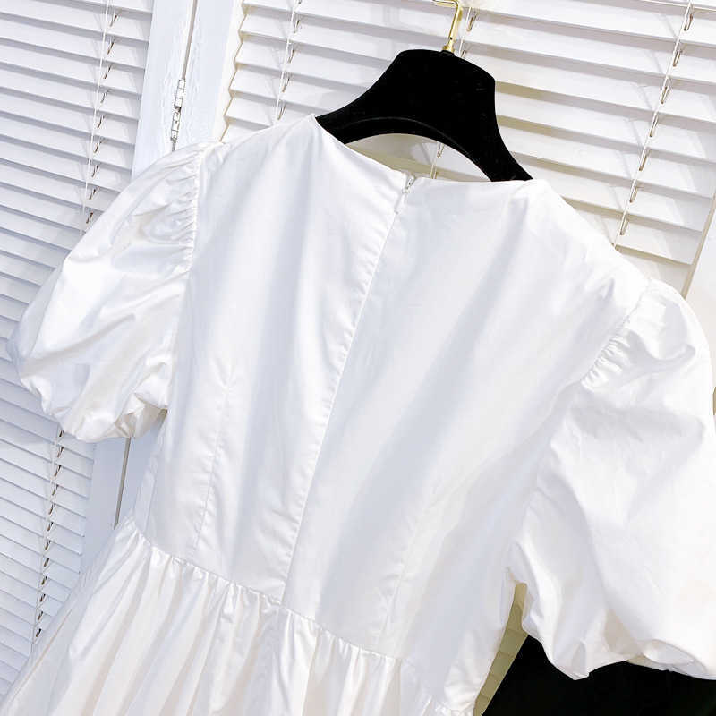 DEAT Women Black Beaded Dress V-Neck Short Puff Sleeve Arrivals Lady Temperament Fashion Spring Summer 11D675 210709