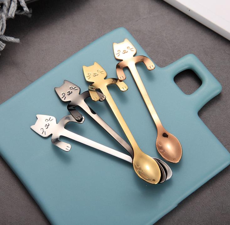 500pcs Stainless Steel Coffee Tea Spoon Mini Cat Long Handle Creative Hanging Spoons Drinking Tools Kitchen Gadget Flatware Tableware SN2503