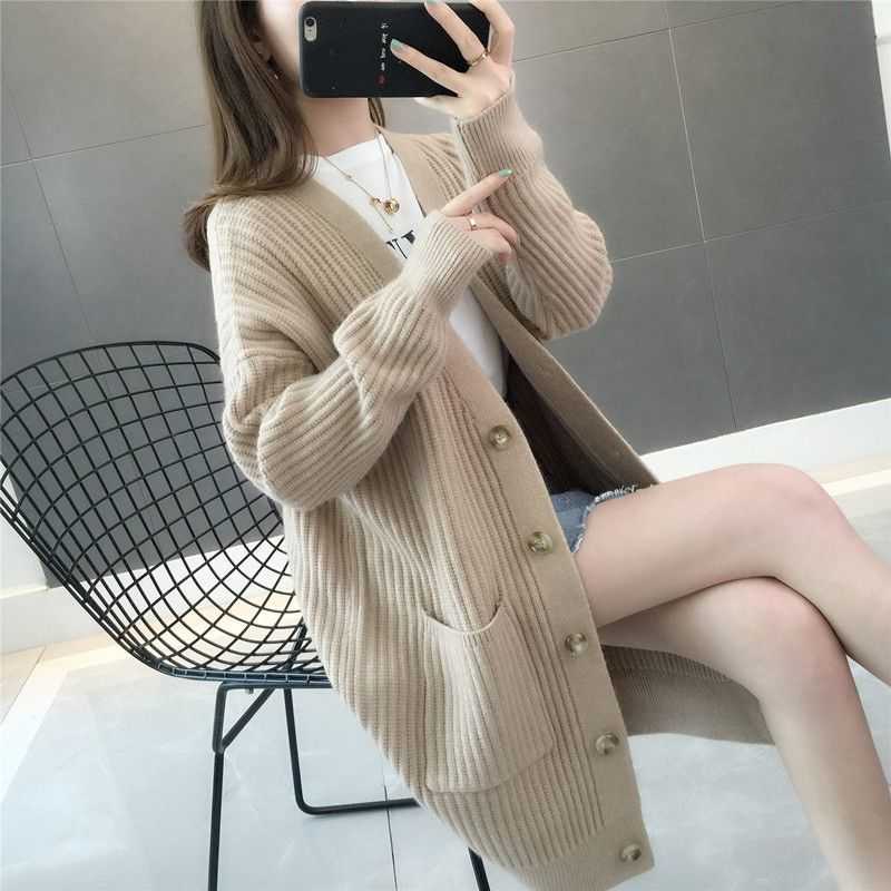 Ladies Knitted V-neck Cardigan Mid-length Casual Loose Single-breasted Coat Jacket Female Thick Outwear Women's Autumn Winter 211011Z
