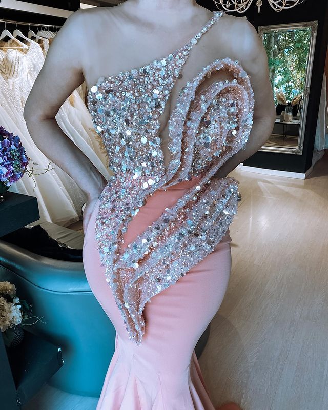 2022 Plus Size Arabic Aso Ebi Pink Sparkly Mermaid Prom Dresses Sheer Neck Sequined Evening Formal Party Second Receiption Bridesmaid Gowns Dress ZJ33