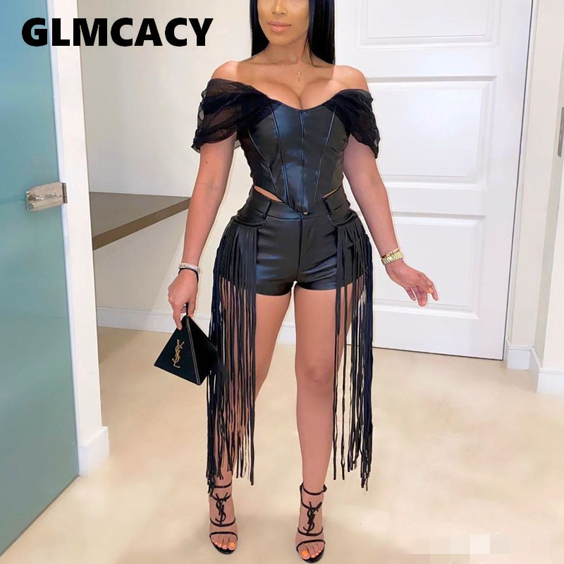 Women Off Shlouder PU Short Top and Skinny Shorts Set Two Piece Punk Suits Tassels Detail Party Clubwear, Black
Women Off Shlouder PU Short Top and Skinny Shorts Set Two Piece Punk Suits Tassels Detail Party Clubwear, Black