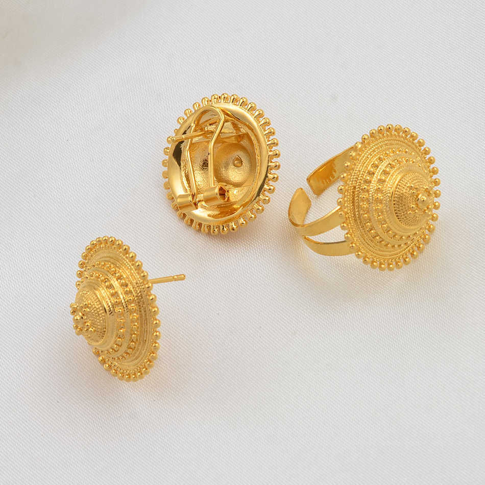 Anniyo DIY Rope Chain Ethiopian Jewelry Set Gold Color Eritrea Ethnic Style Habesha Pendant Earrings Ring #217106 211015