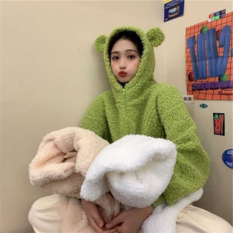 Loose hooded sweater women lamb hair fall/winter style bear ears fun cute sweet jacket female student 210526, Avocado