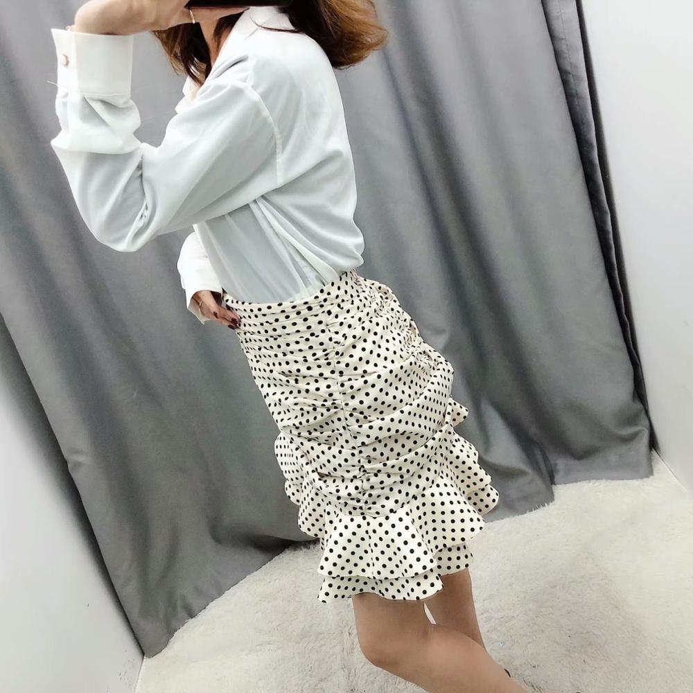 new women vanilla polka dot High-waisted mini skirt Ruching detail Ruffled hem Back hidden in-seam zip closure skirt 210408