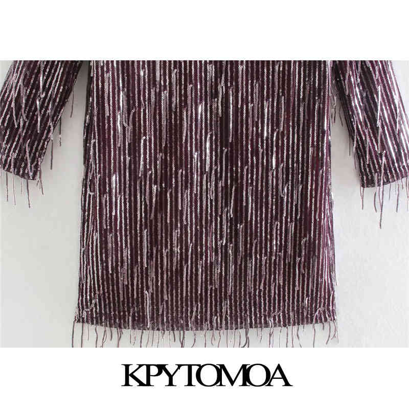 Women Chic Fashion With Fringing Sequinned Mini Dress Back Low-cut Long Sleeve Female Dresses Vestidos 210420