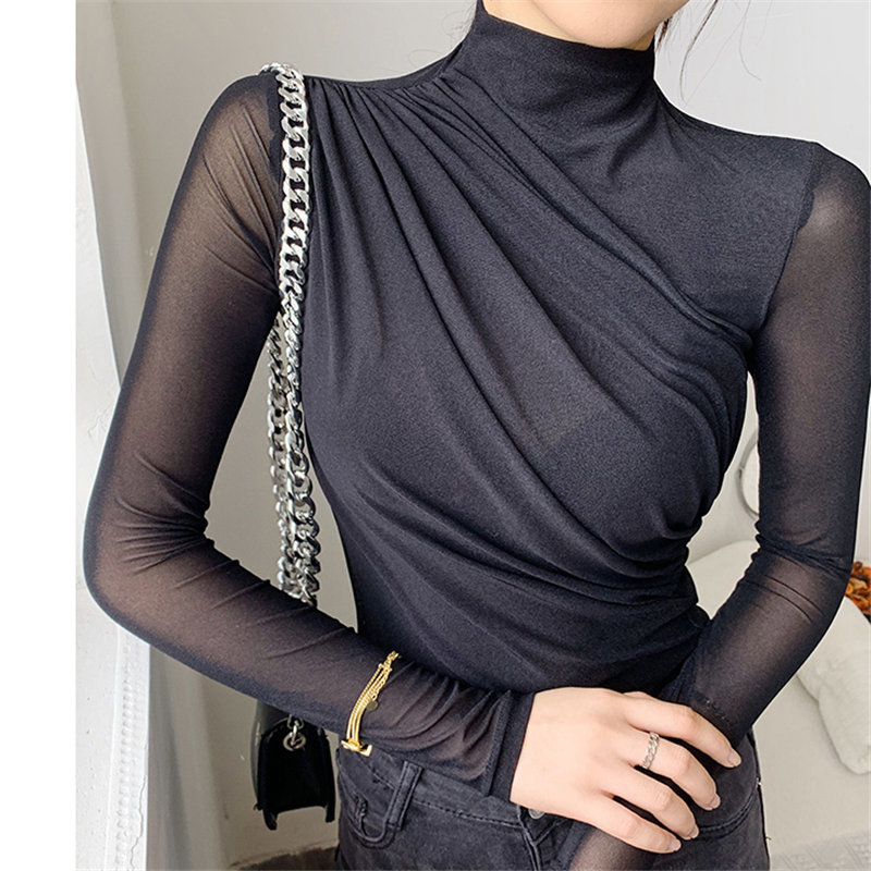 Turtleneck Solid Basic Women Autumn Pleated Brief Tops Full Sleeves Plus Size Female All Match Lace T-Shirts 210421