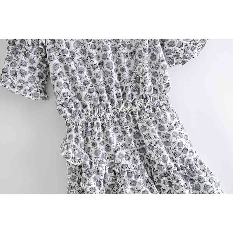 Summer Spliced Ruffles Women Short Sleeve Dress Retro Slim Elastic Waist Wood ears Mini Dresses Holiday 210429