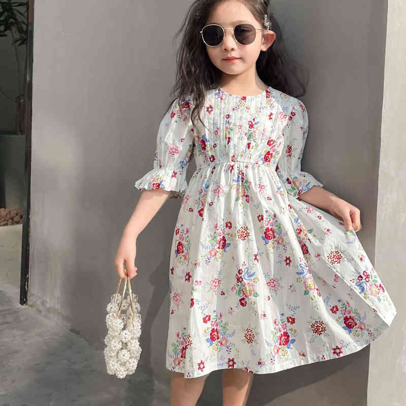 Girl's Dress Summer Short-sleeve Floral Print Princess Banquet Toddler Kid Clothes Sweet Children's 210515