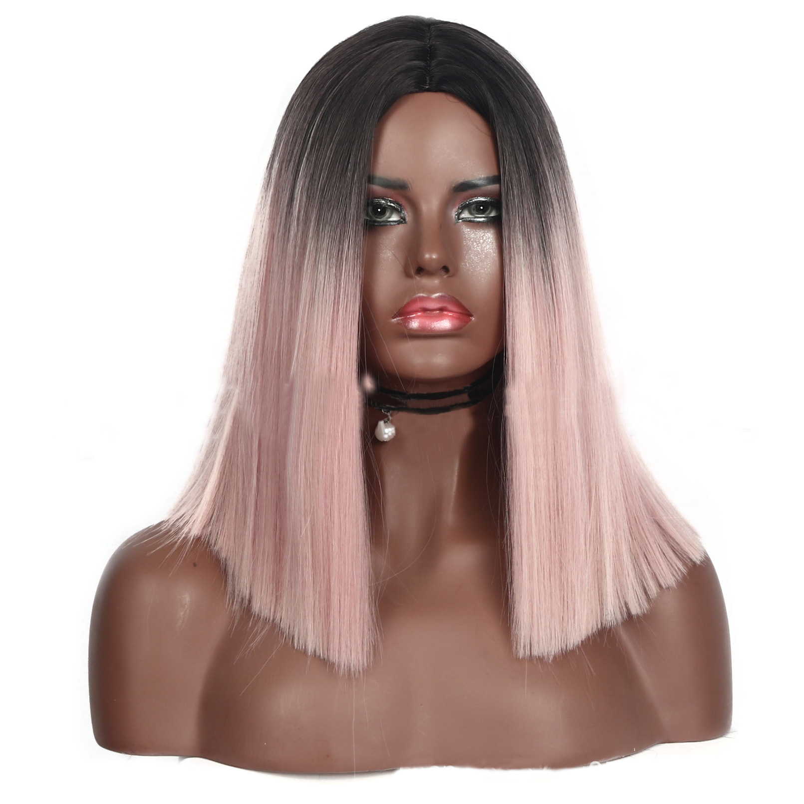 Beautiful Middle Long Straight Pink Ombre Synthetic Fiber BOB Wig for Women free shiping