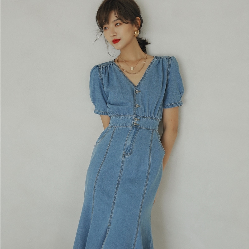 Casual Dresses Puff Sleeve Summer Denim Mermaid Women Short V Neck Tunic Ladies A Line Long Midi Blue Jean Dress MO6T
Casual Dresses Puff Sleeve Summer Denim Mermaid Women Short V Neck Tunic Ladies A Line Long Midi Blue Jean Dress MO6T
