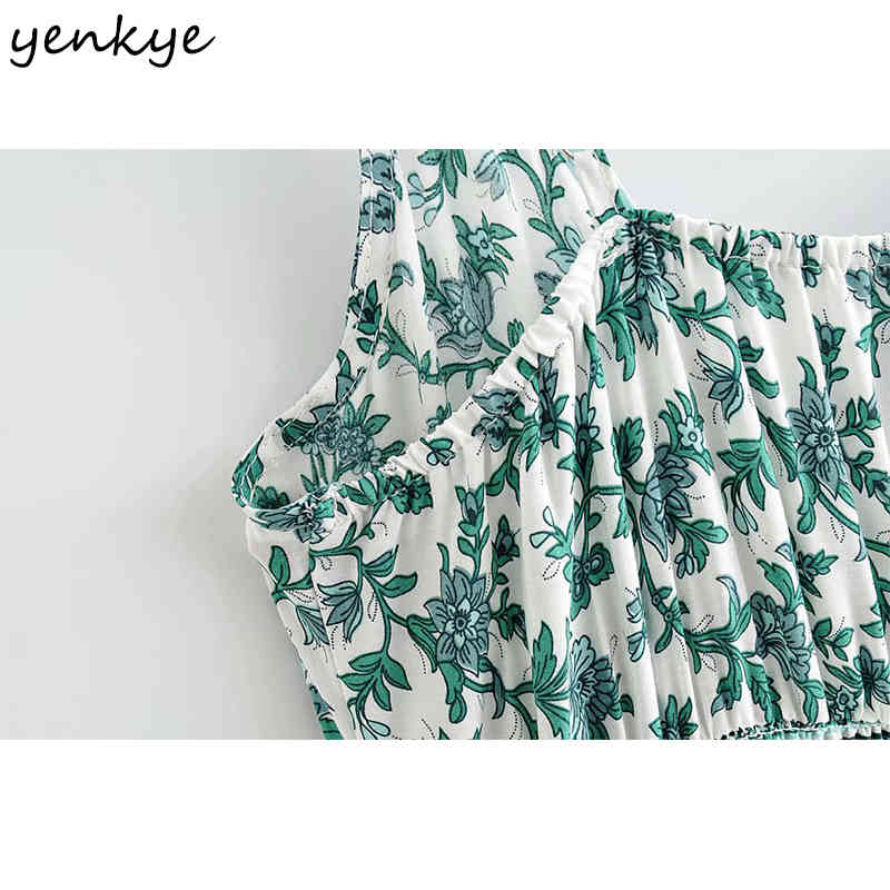 YENKYE Floral Print Holiday Sexy Sling Dress Women V Neck Sleeveless A-line Casual Long Dress Female Summer Boho Beach Robe 210515