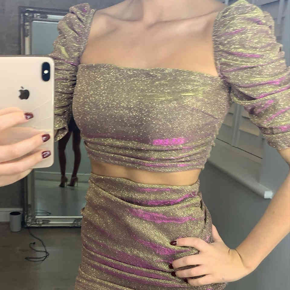 Summer Women Sexy Sequins Club 2 Two Pieces Sets Short Puff SleeveTops&Mini Skirt Celebrity Runway Party Set 210423