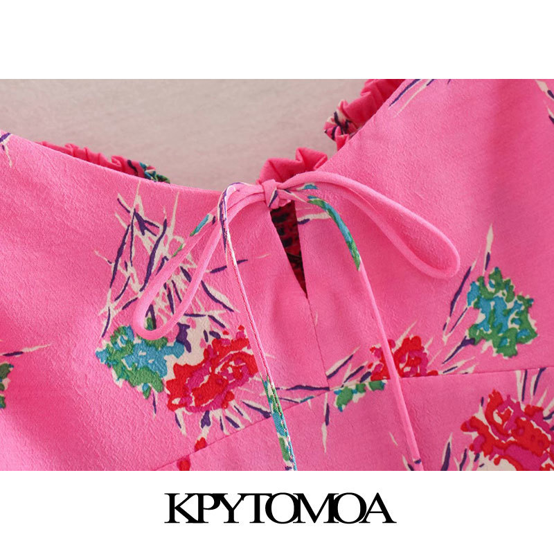 Women Fashion Floral Print Cropped Blouses Tied V Neck Puff Sleeve Female Shirts Blusas Mujer Chic Tops 210420