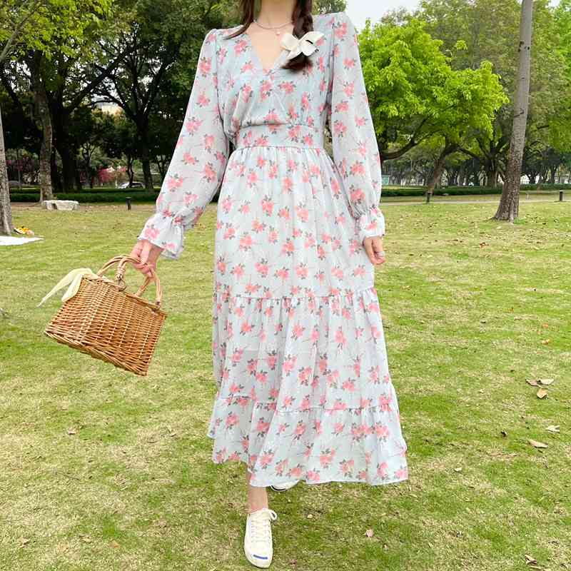 Women's Chiffon Dress Female Vintage Floral Printed Long Sleeve Spring Autumn V-Neck High Waist Slim Midi Dress Vestidos 210518