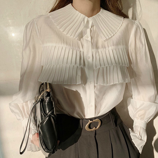 Women Shirts Korean OL Lantern Sleeve Elegant Blouse Solid Ruffle Pleated See Through Blusas Mujer Fashion Tops 210519