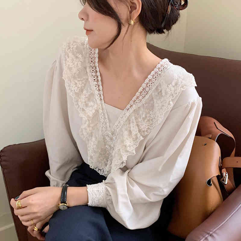 Nomikuma Korean Chic Lace Ruffle Patchwork Blouse Tops Causal Puff Long Sleeve V-neck Women Shirt Autumn Sweet Blusas 6D006 210427