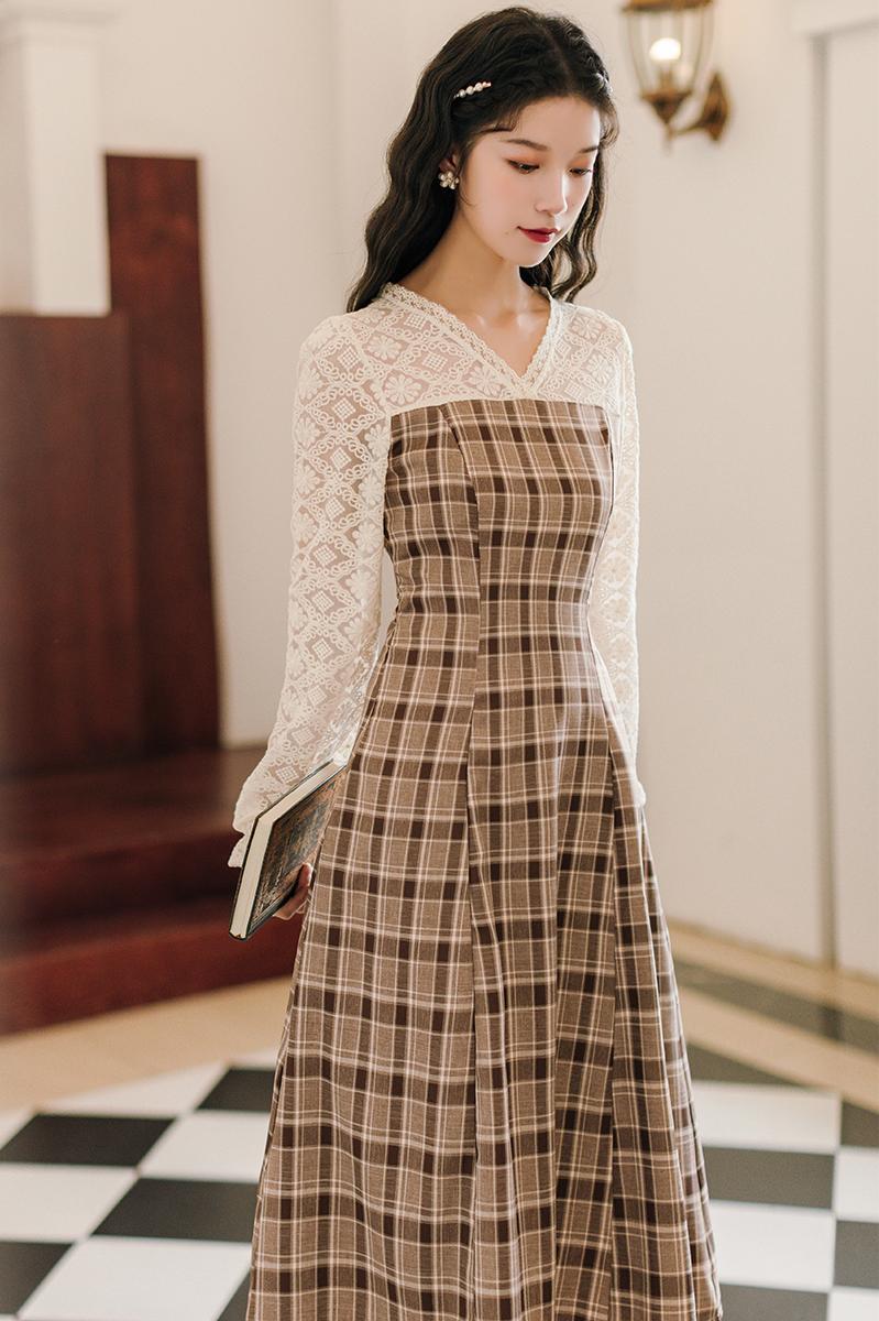 Fashion Women's Clothing Autumn Full Lace Mid-Calf Vintage Dresses Casual