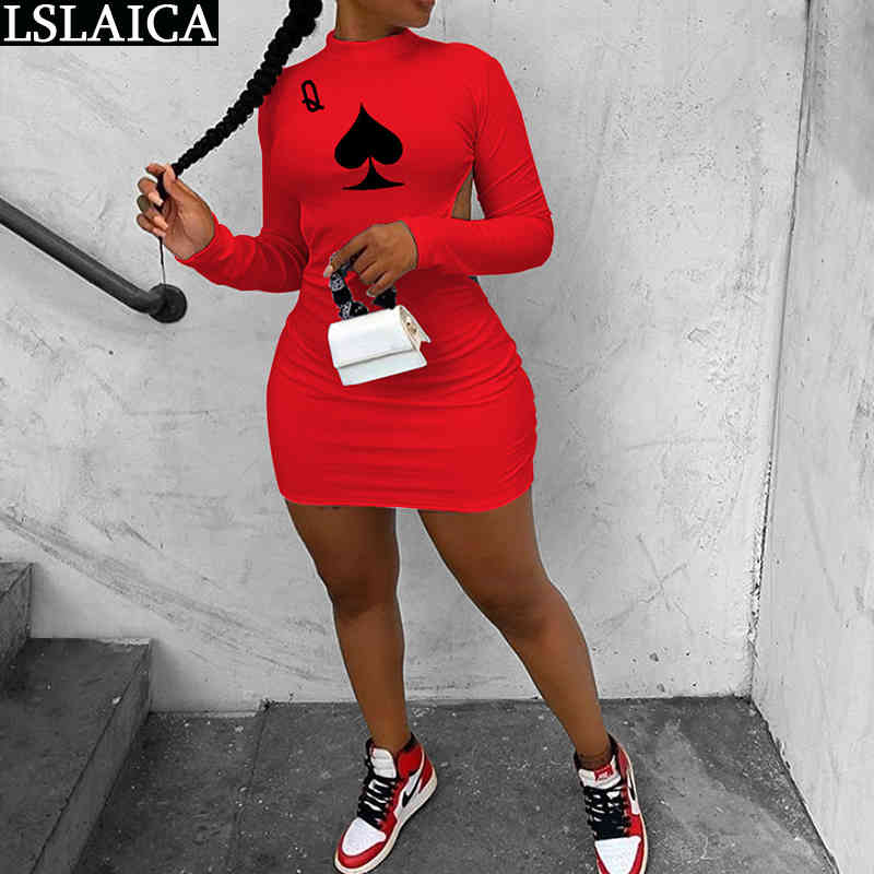 Sexy Dress Poker Print Backless Long Sleeve Stand Collar Mini Bodycon Fashion Club Autumn Vestido De Mulher 210515