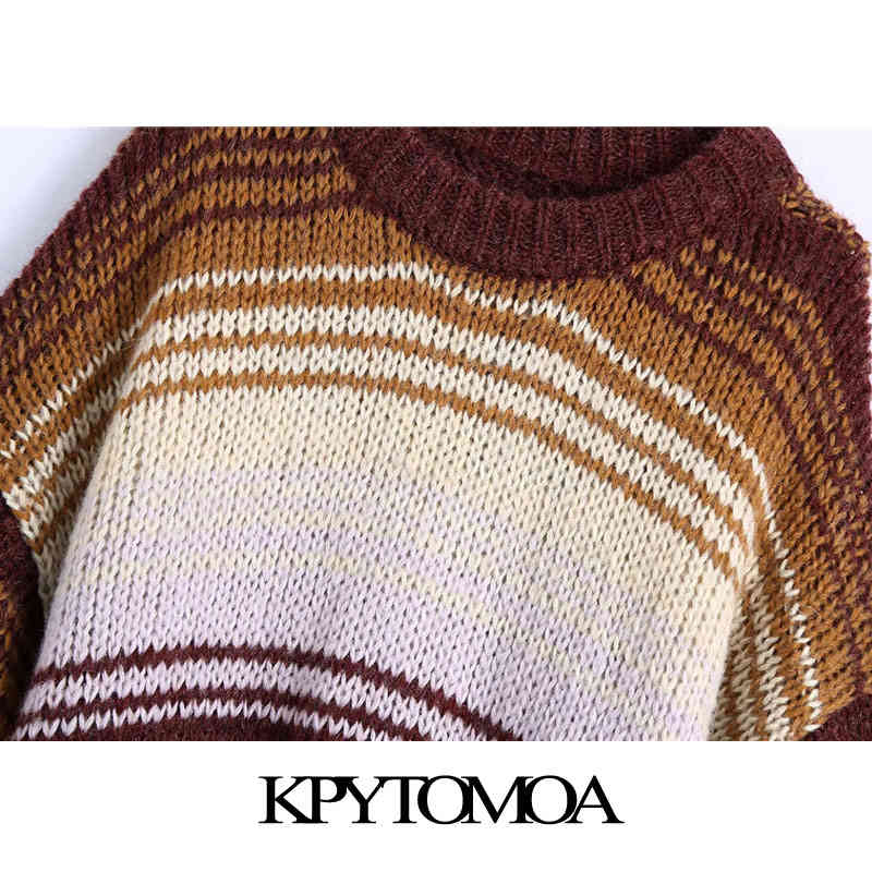 Women Fashion Oversized Striped Knitted Sweater O Neck Lantern Sleeve Female Pullovers Chic Tops 210420