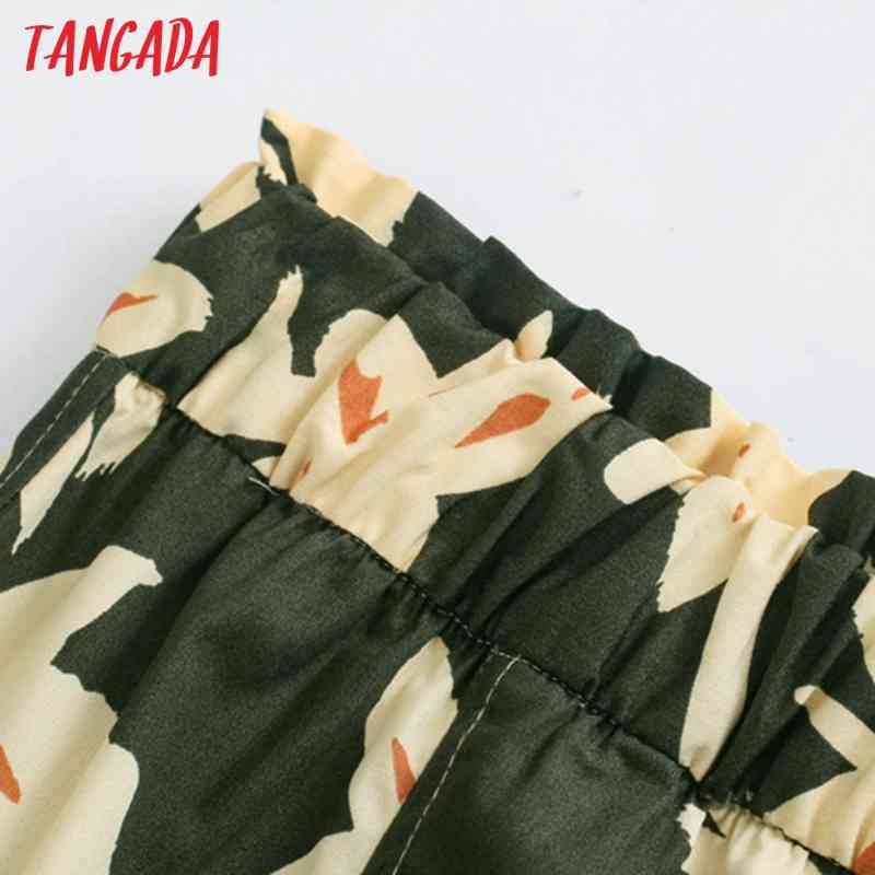 Women Green Floral Print Long Trousers Vintage Style Strethy Waist Lady Pants Pantalon 5Z76 210416