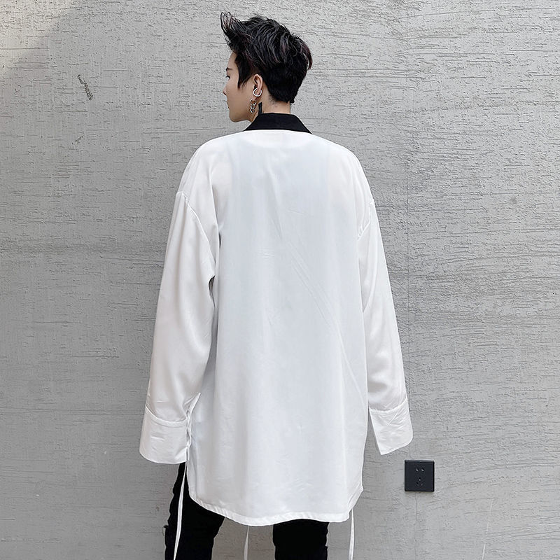 IEFB Korean Streetwear Fashion Bandage White Shirt Men's Lace Up Spring Summer Long Sleeve Fashion Loosecasual Tops 210524