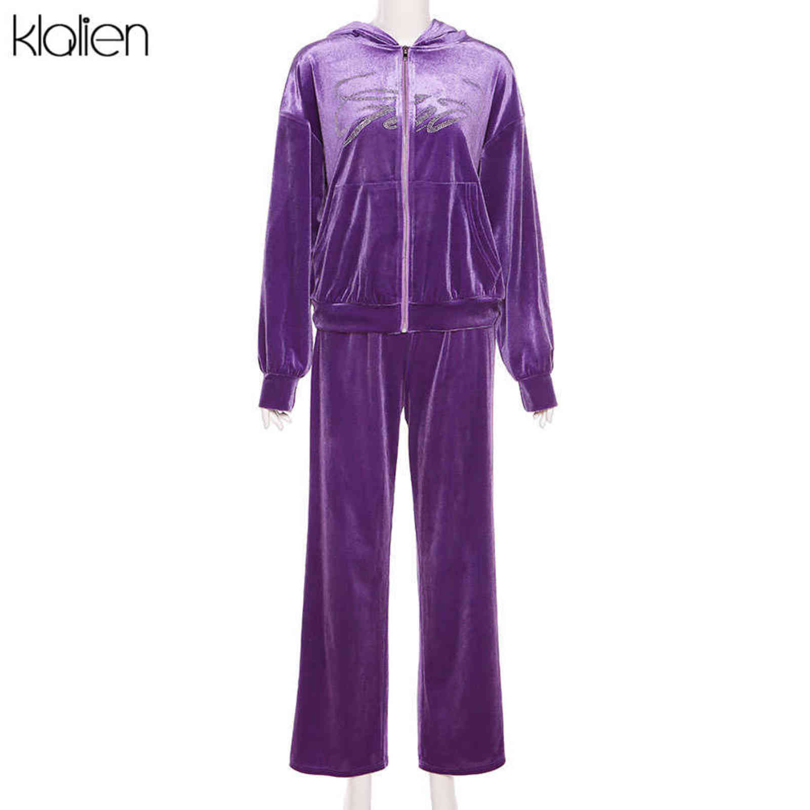 KLALIEN Autumn Fashion Letter Diamond Hooded Zipper Coat and Wide Leg Pants Two Piece Set For Women Casual Loose Streetwear Suit 211116